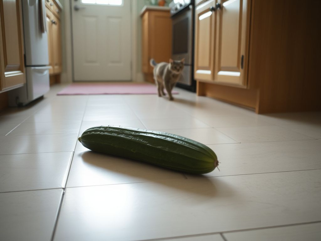 a kitchen floor where a cucumber lies near a cat’s walking path