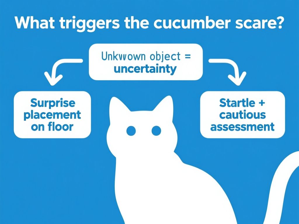 clean flat infographic titled 'What triggers the cucumber scare?' with three labeled boxes and arrows—'Surprise placement on floor', 'Unknown object = uncertainty', 'Startle + cautious assessment'—blue background, white labels, simple cat silhouette