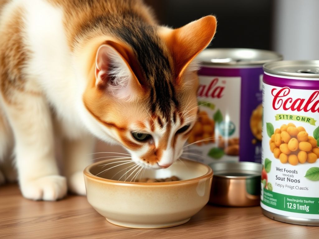 an adult cat drinking from a shallow ceramic bowl beside wet food cans