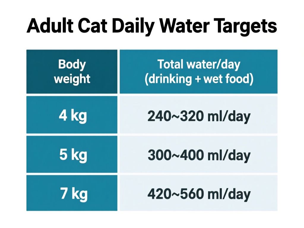 clean flat-style infographic titled 'Adult Cat Daily Water Targets', showing a table with two columns: 'Body weight' and 'Total water/day (drinking + wet food)'. Rows labeled '4 kg' with range '240–320 mL/day', '5 kg' with range '300–400 mL/day', and '7 kg' with range '420–560 mL/day'. White background, bold sans-serif labels, readable chart-style layout