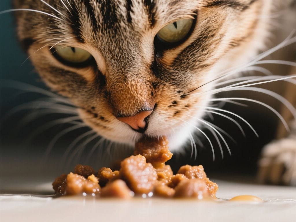 close-up photo of a cat sniffing wet food, whiskers visible