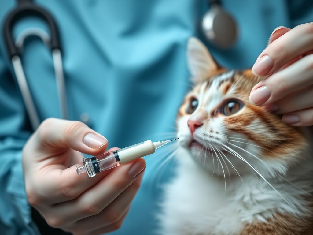 veterinarian holding a cat and offering a tiny pill in a syringe
