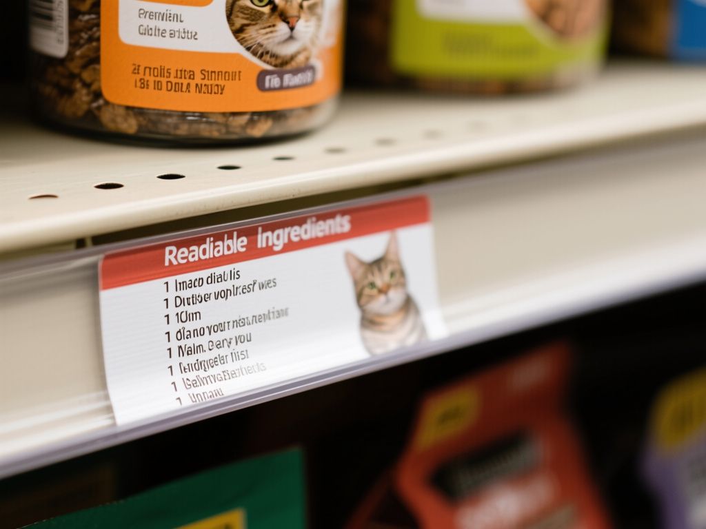 a cat food label close-up on a store shelf, readable ingredients list