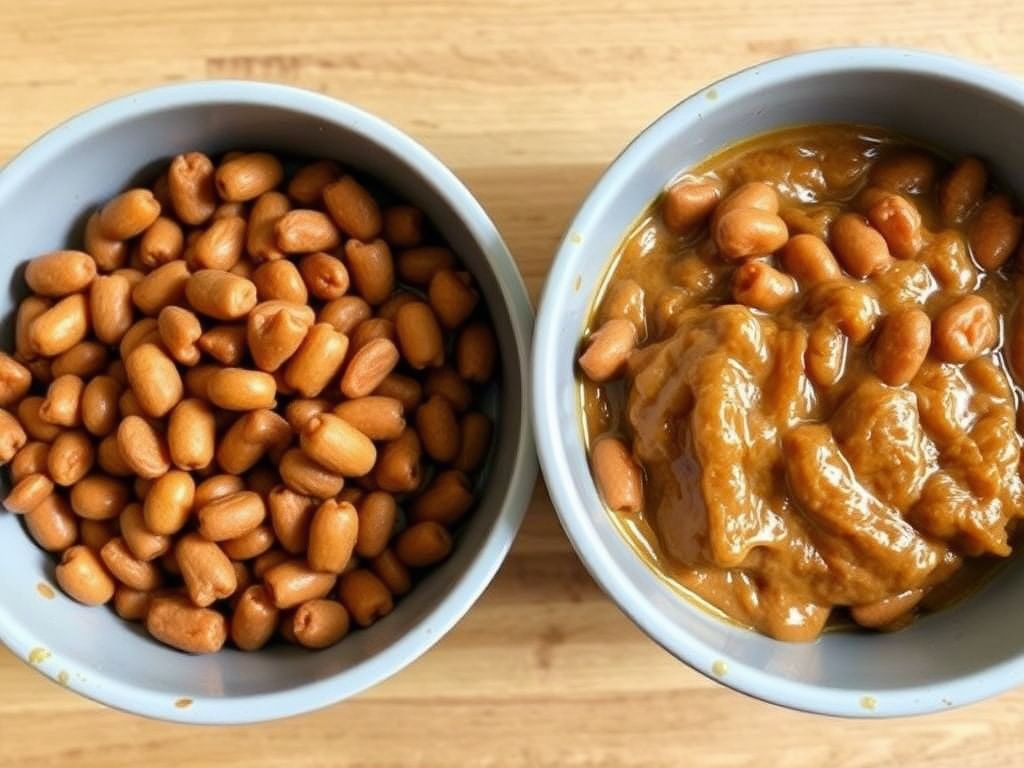 two bowls of wet cat food—one grain-free label, one grain-inclusive label