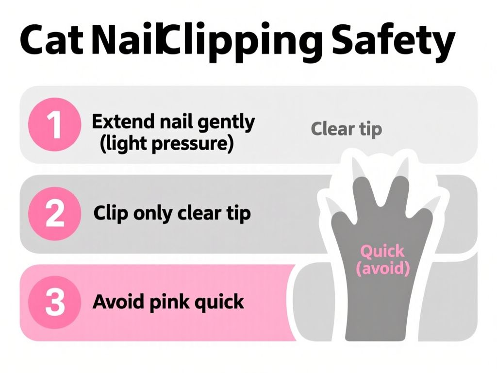 Clean flat-style infographic titled 'Cat Nail Clipping Safety', three-step diagram with icons. Step 1 label 'Extend nail gently (light pressure)'; Step 2 label 'Clip only clear tip'; Step 3 label 'Avoid pink quick'. Include side view claw drawing with 'Clear tip' in white/gray and 'Quick (avoid)' in pink text. White background, bold sans-serif labels.