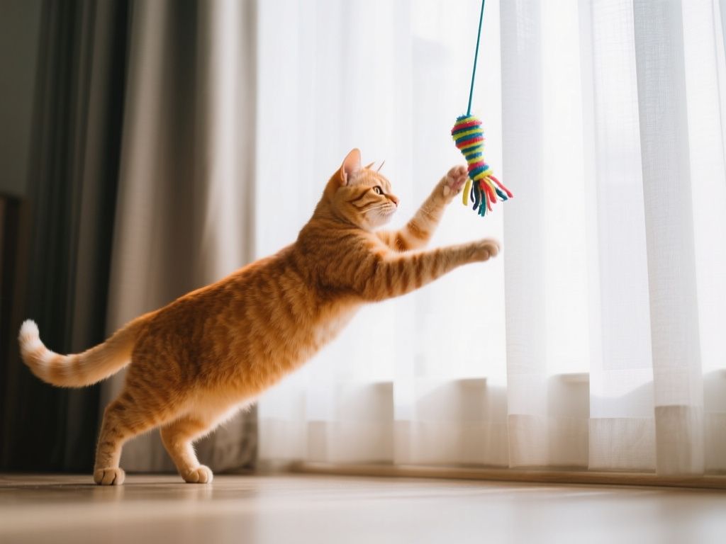an orange cat pouncing on a dangling toy near curtains