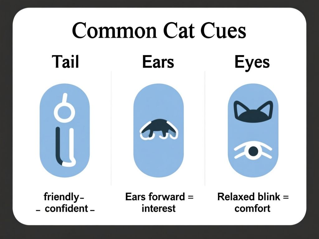 clean flat-style infographic titled 'Common Cat Cues', three columns labeled 'Tail', 'Ears', 'Eyes' with icons: 'Tail up = friendly/confident', 'Ears forward = interest', 'Relaxed blink = comfort' on a white background with readable sans-serif text