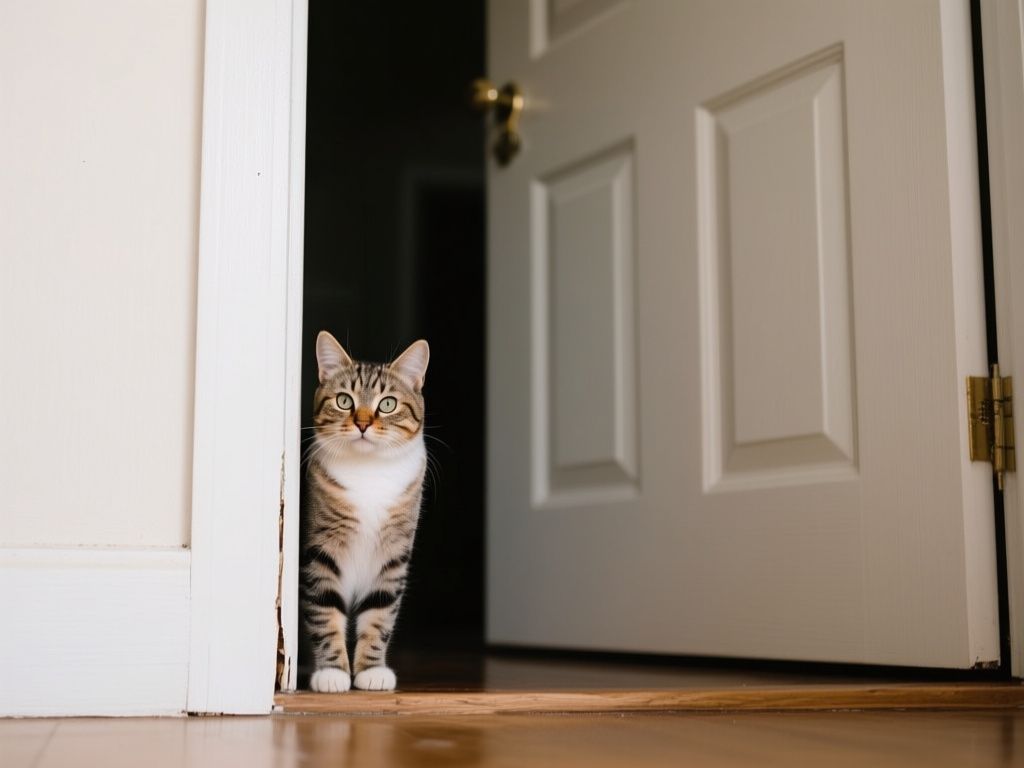 adult cat perched near door crack, kitten behind closed room door