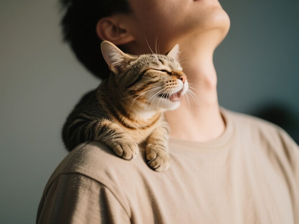 a cat perched calmly on a person's chest, visible breathing movement