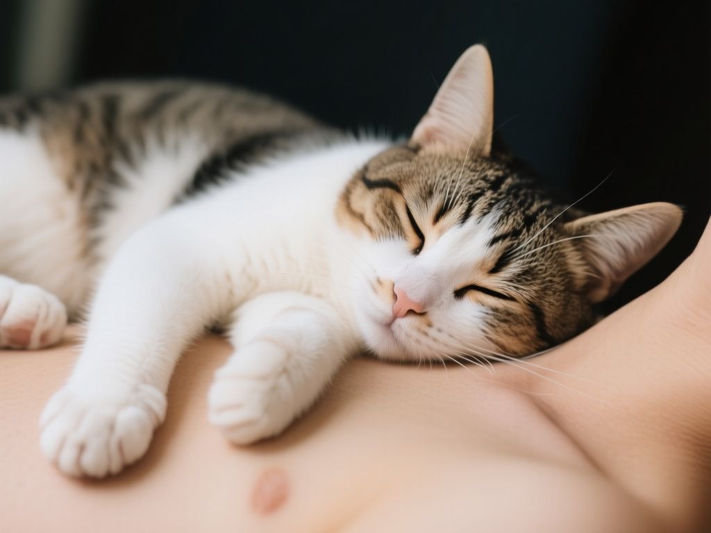 cat resting on chest with slow blink and relaxed paws