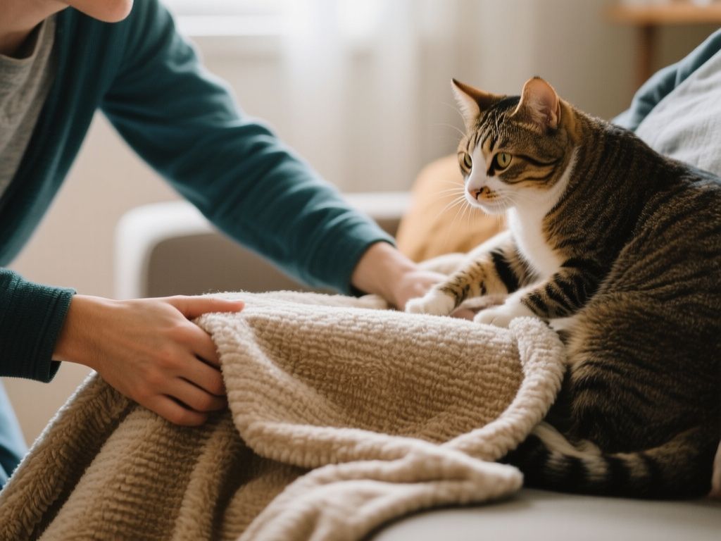 person placing familiar blanket on lap, cat approaching cautiously