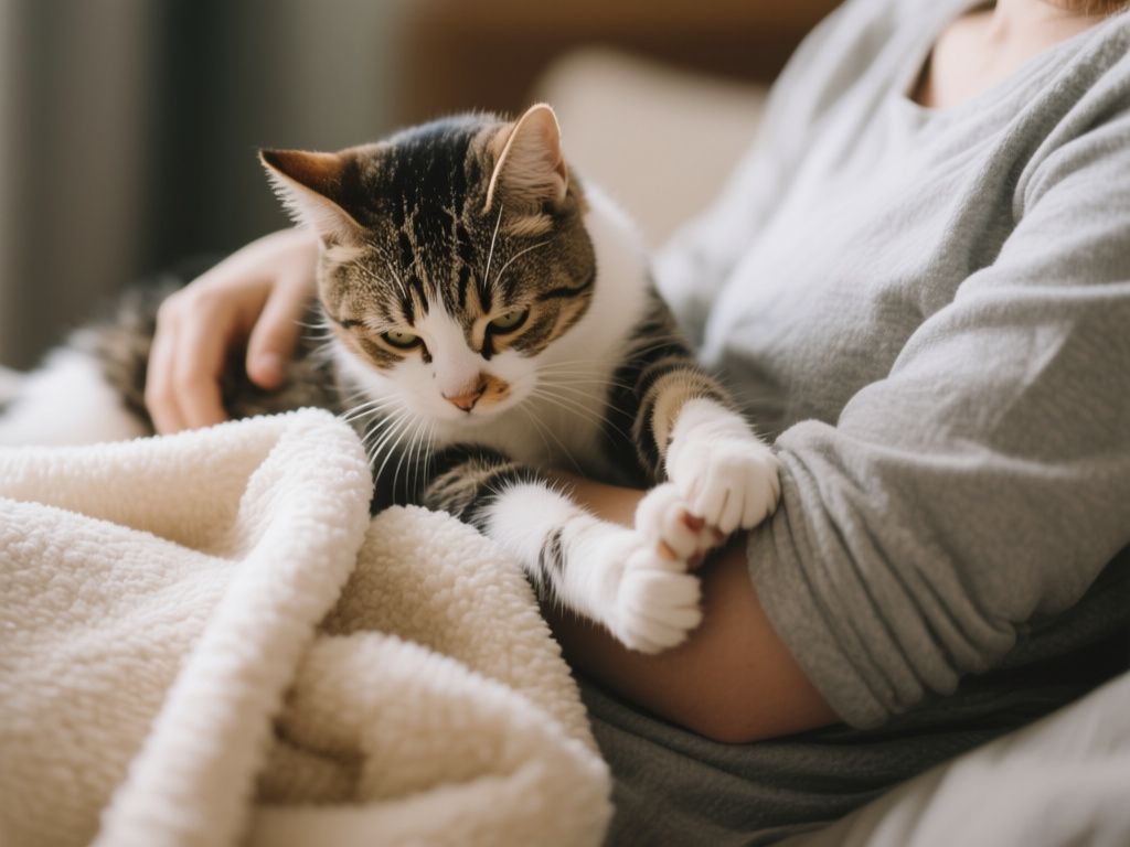 A cat kneading on a person’s lap, soft blanket nearby