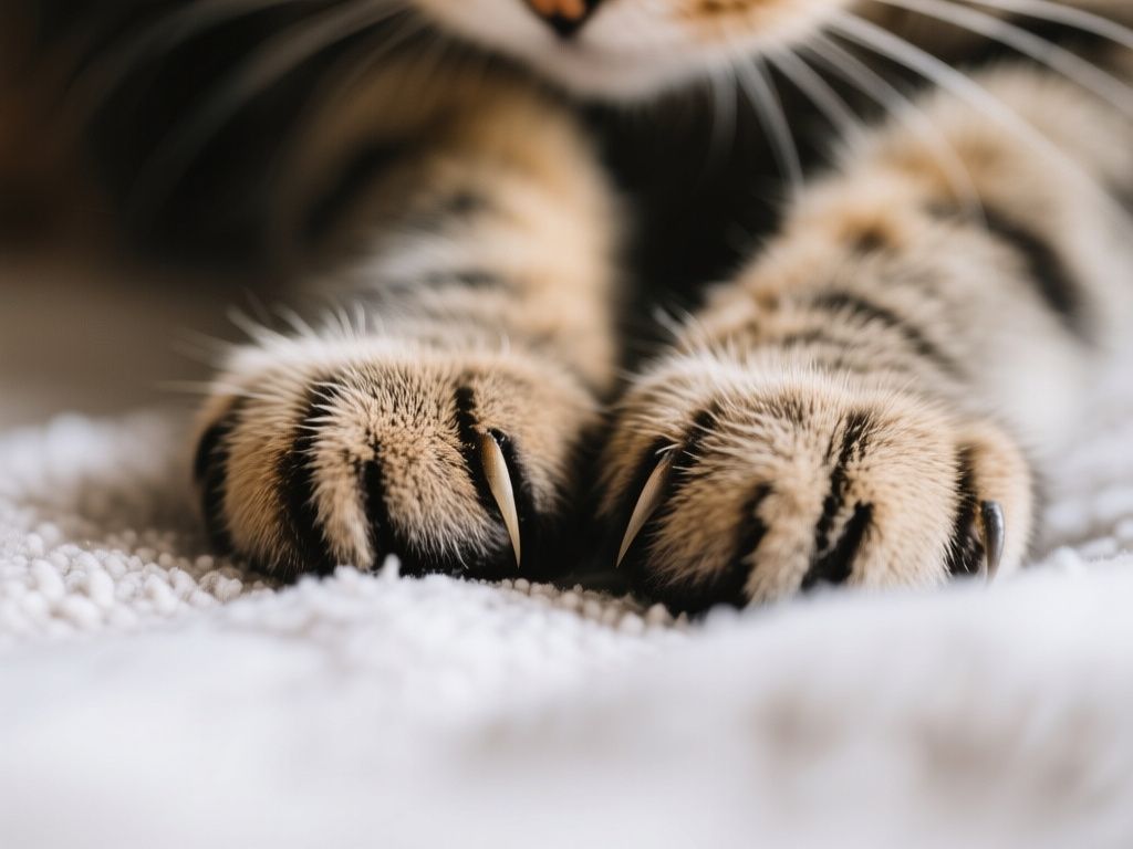 Close-up of cat paw pads kneading a blanket; claws partially visible