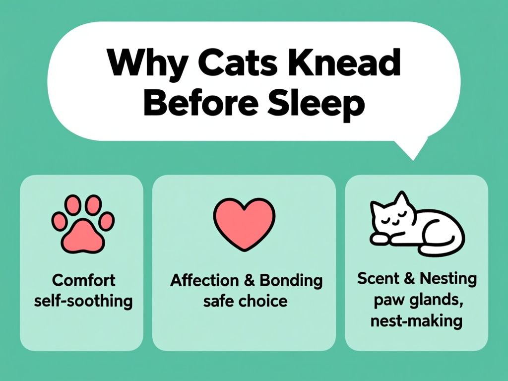 infographic titled 'Why Cats Knead Before Sleep' with 3 labeled columns: 'Comfort (self-soothing)', 'Affection & Bonding (safe choice)', 'Scent & Nesting (paw glands, nest-making)'; simple icons of paws, heart, and sleeping cat