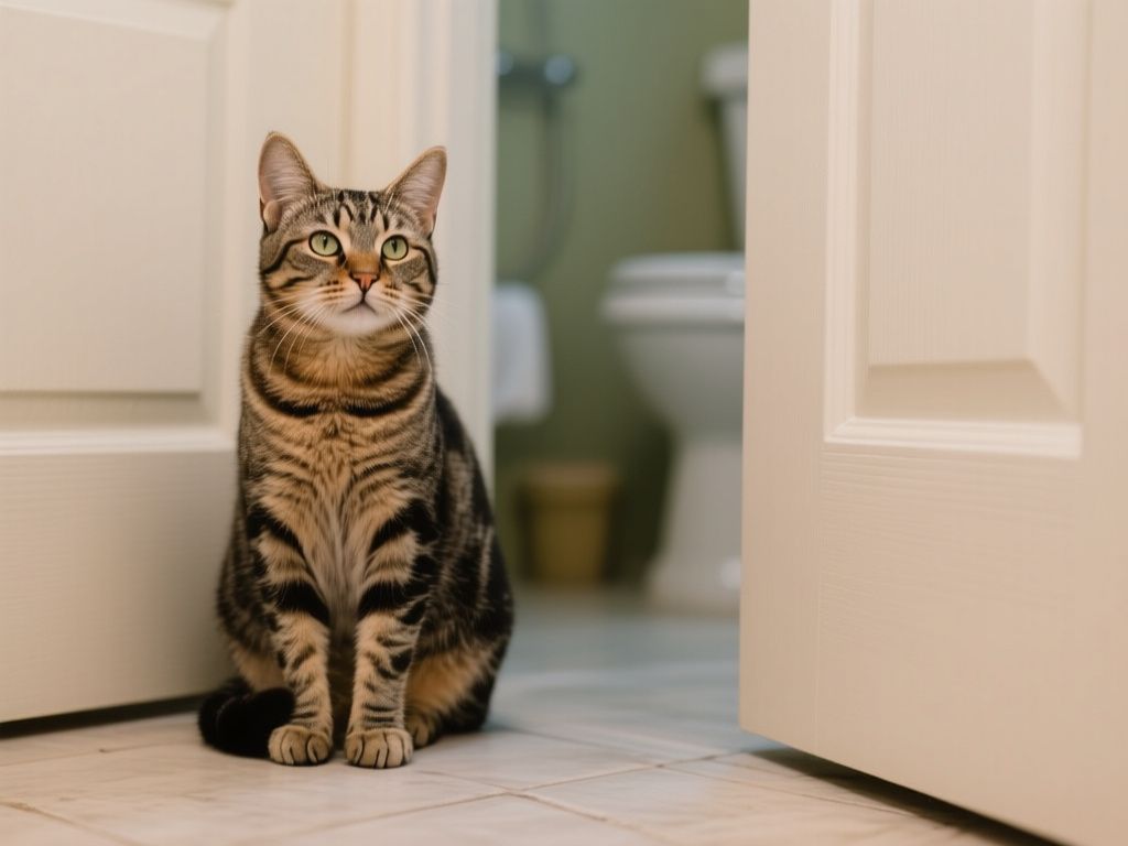 A calm tabby sitting by a half-closed bathroom door, ears forward