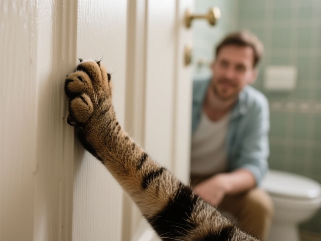 Close-up of a cat’s paw scratching a bathroom door, owner visible behind