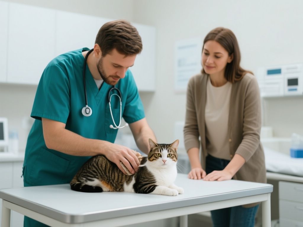 Veterinarian examining a calm cat on a table in clinic, owner nearby
