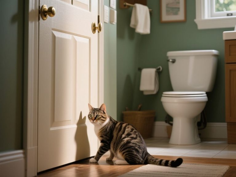 editorial hero image representing: why does my cat guard the bathroom door, wide shot, natural lighting, high detail