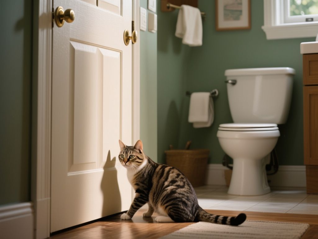 editorial hero image representing: why does my cat guard the bathroom door, wide shot, natural lighting, high detail