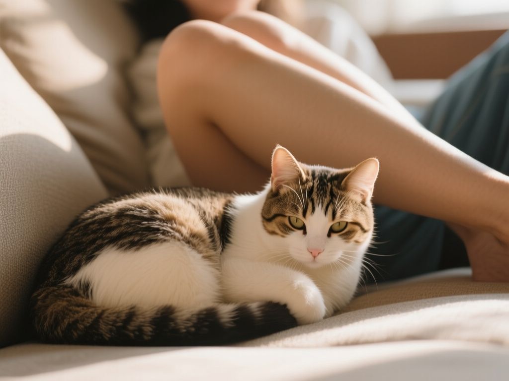 a cat curled between a person's legs on a couch, warm natural light