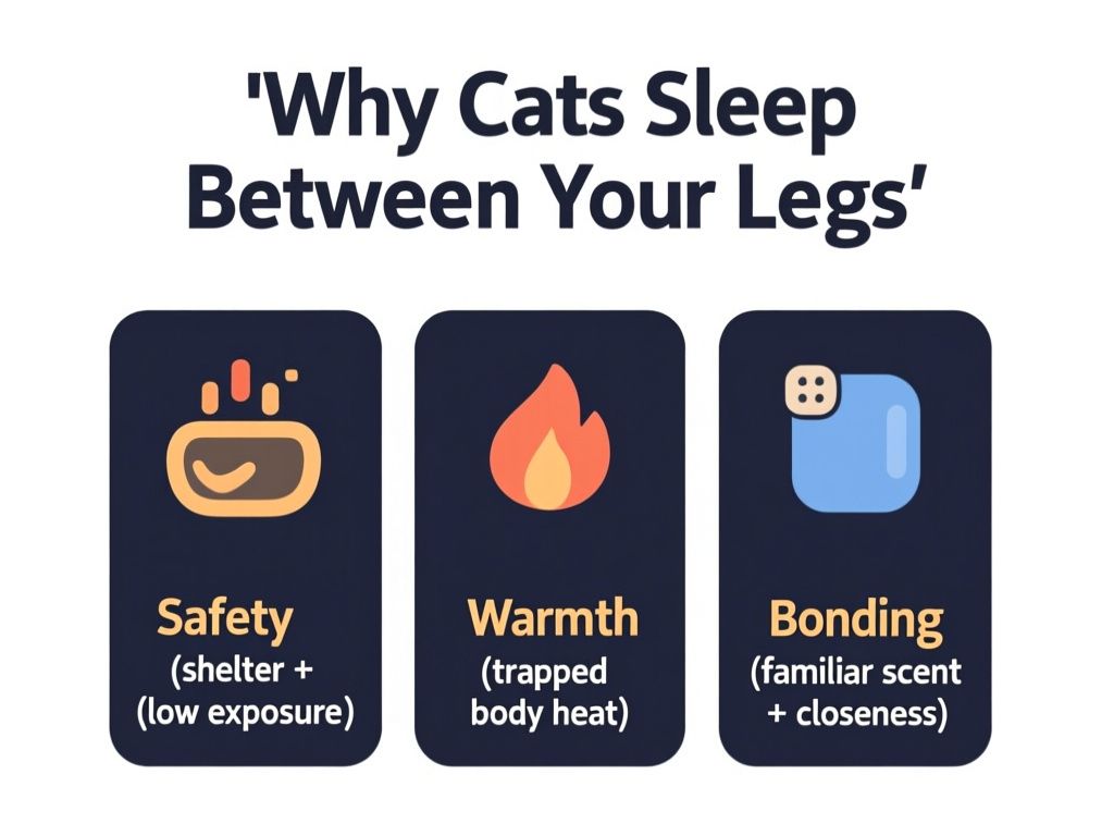 clean flat-style infographic titled 'Why Cats Sleep Between Your Legs', 3-column icons with text labels: 'Safety (shelter + low exposure)', 'Warmth (trapped body heat)', 'Bonding (familiar scent + closeness)' on white background, dark sans-serif text