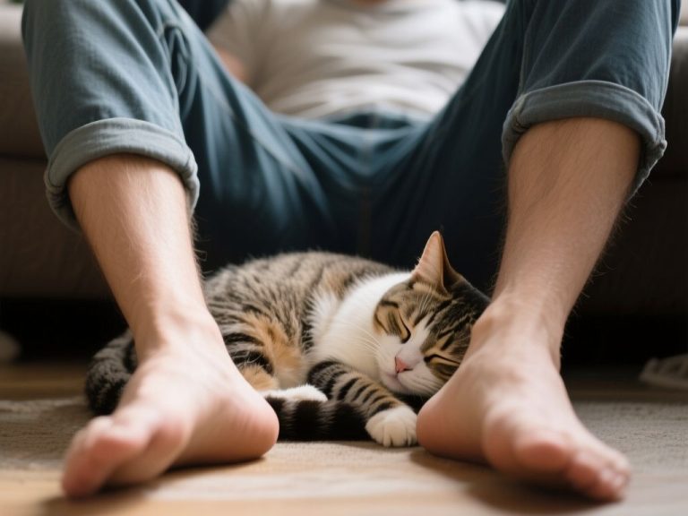 editorial hero image representing: why does my cat sleep between my legs specifically, wide shot, natural lighting, high detail