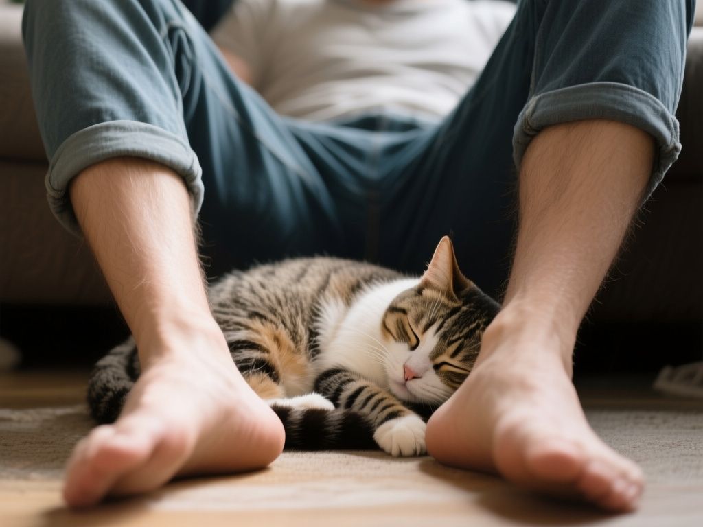 editorial hero image representing: why does my cat sleep between my legs specifically, wide shot, natural lighting, high detail