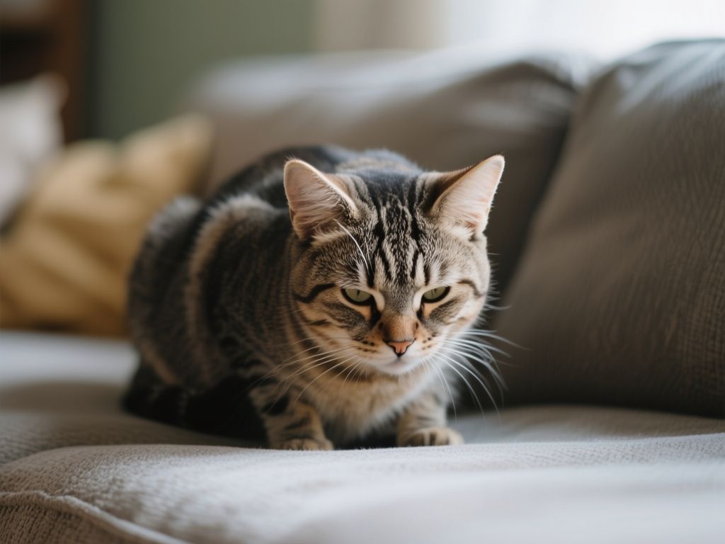 Senior cat crouched low on a couch, ears slightly back, avoiding eye contact