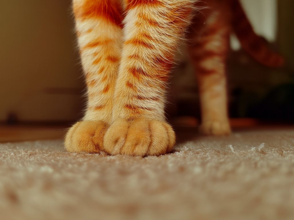 Close-up of cat’s paw stepping gingerly on a carpet, tail low