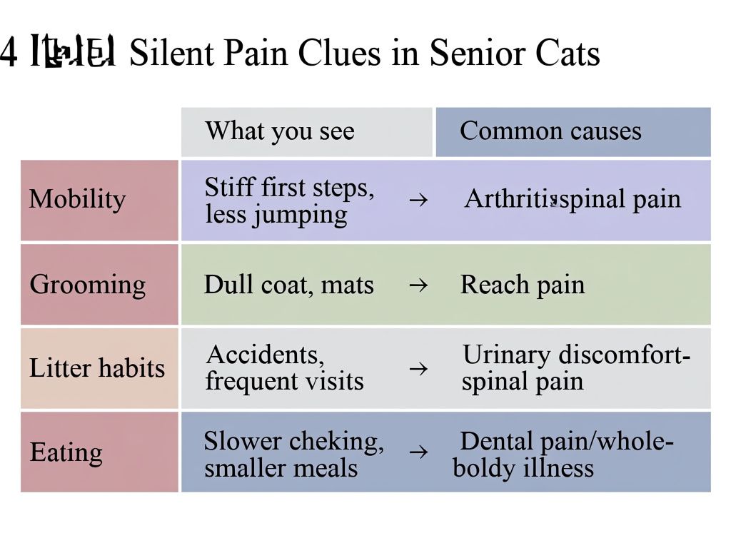 infographic titled 'Silent Pain Clues in Senior Cats', 4-column table with rows: 'Mobility', 'Grooming', 'Litter habits', 'Eating'; columns show 'What you see' and 'Common causes'—Mobility: 'Stiff first steps, less jumping' -> 'Arthritis/spinal pain'; Grooming: 'Dull coat, mats' -> 'Reach pain'; Litter habits: 'Accidents, frequent visits' -> 'Urinary discomfort/spinal pain'; Eating: 'Slower chewing, smaller meals' -> 'Dental pain/whole-body illness'; white background, clear sans-serif labels