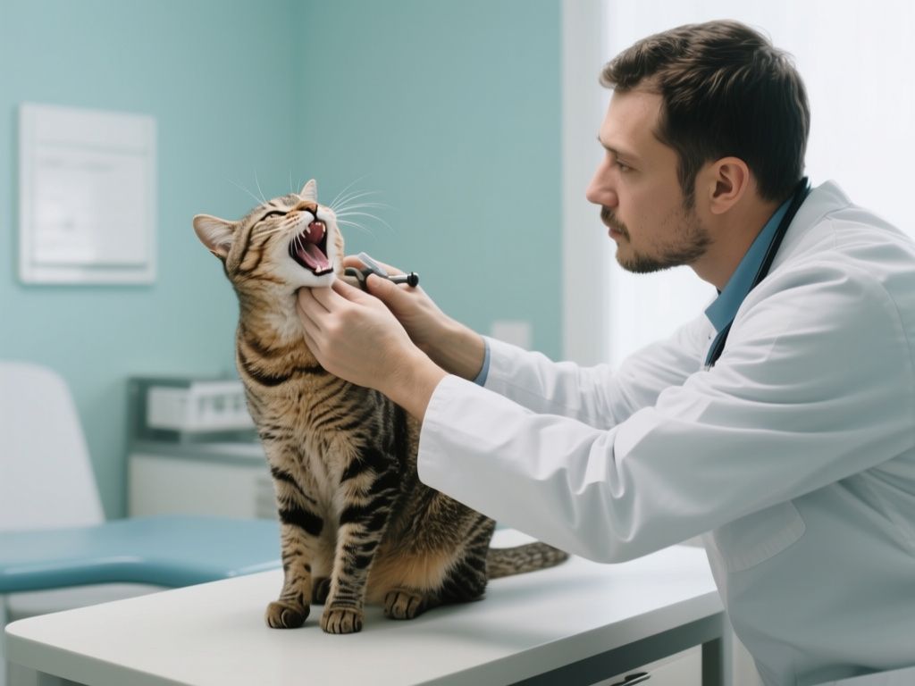 a veterinarian examining an older cat's mouth and body posture in a clinic room
