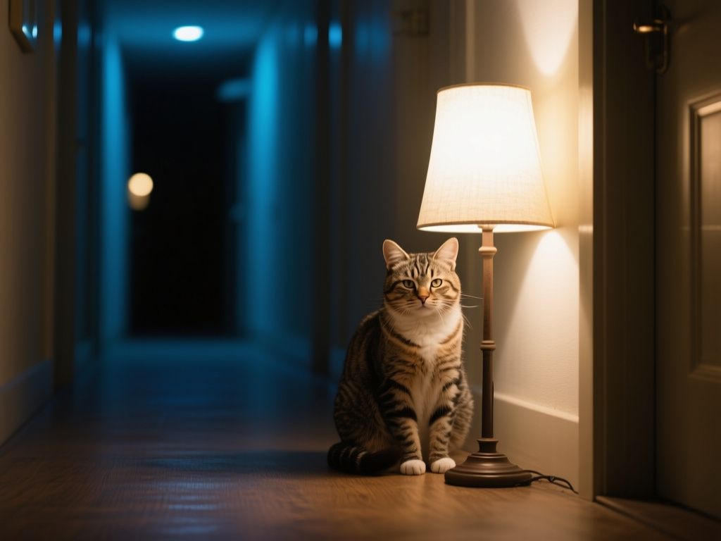 an older cat sitting near a nighttime hallway with a soft lamp glow