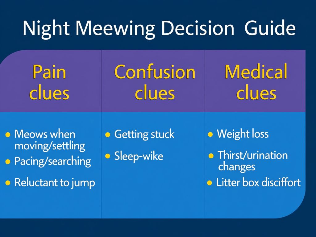 infographic titled "Night Meowing Decision Guide" with three columns labeled "Pain clues", "Confusion clues", "Medical clues" and bullet sublabels: Pain clues: "Meows when moving/settling", "Reluctant to jump", Confusion clues: "Pacing/searching", "Getting stuck", "Sleep-wake changes"; Medical clues: "Weight loss", "Thirst/urination changes", "Litter box discomfort"