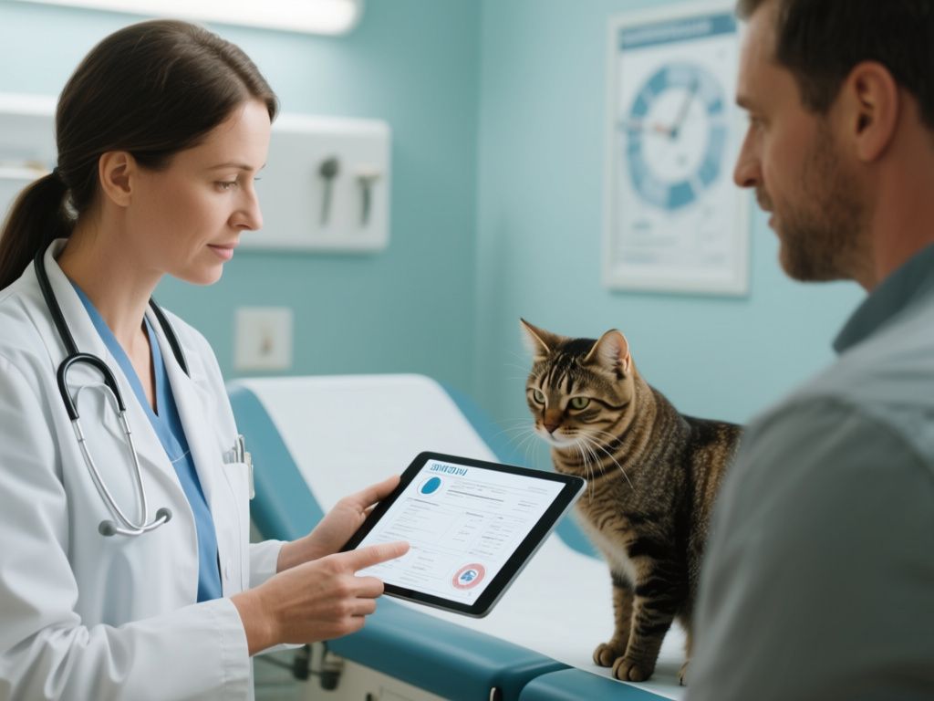 a veterinarian reviewing cat lab results on a tablet with owner, clinic exam room