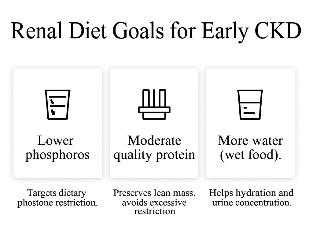 a clean flat-style infographic titled 'Renal Diet Goals for Early CKD', show three vertical panels with icons and text labels: 'Lower phosphorus', 'Moderate quality protein', 'More water (wet food)' and small subtext under each: 'Targets dietary phosphate restriction', 'Preserves lean mass, avoids excessive restriction', 'Helps hydration and urine concentration'; white background, readable sans-serif text