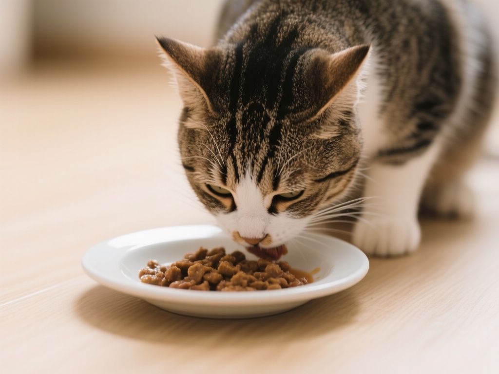 a cat eating from a shallow dish filled with wet food