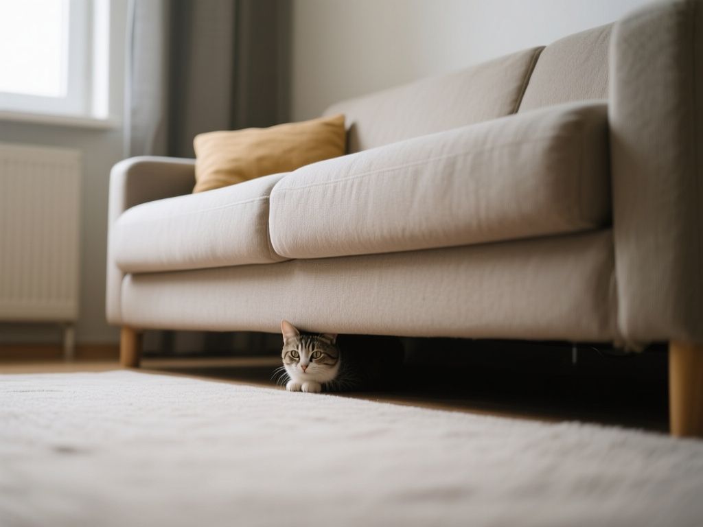 A small cat hiding under a couch in a quiet apartment