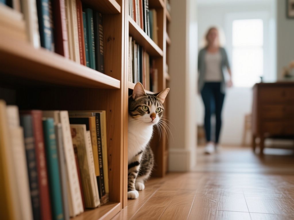 Cat hiding behind a bookshelf while owner keeps distance
