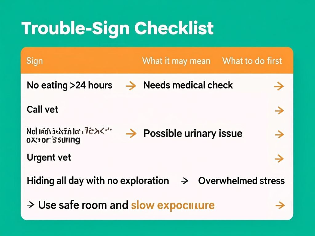 flat infographic titled 'Trouble-Sign Checklist' with three columns 'Sign', 'What it may mean', 'What to do first' and rows: 'No eating >24 hours' -> 'Needs medical check' -> 'Call vet'; 'No litter box for 24+ hrs or straining' -> 'Possible urinary issue' -> 'Urgent vet'; 'Hiding all day with no exploration' -> 'Overwhelmed stress' -> 'Use safe room and slow exposure'