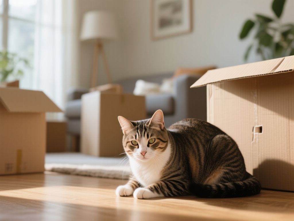 editorial hero image representing: signs a cat is adjusting poorly to a new home, wide shot, natural lighting, high detail