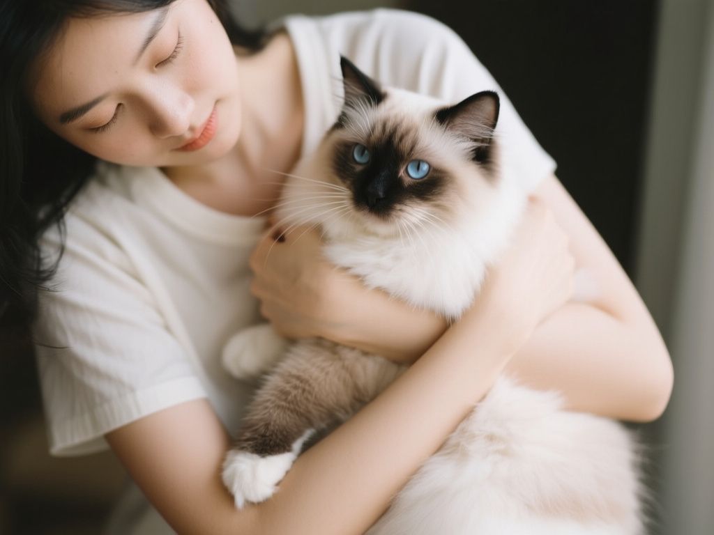 a person gently holding a ragdoll cat, visible relaxed posture