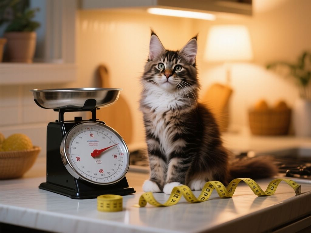 a Maine Coon kitten next to a kitchen scale and measuring tape, cozy home lighting