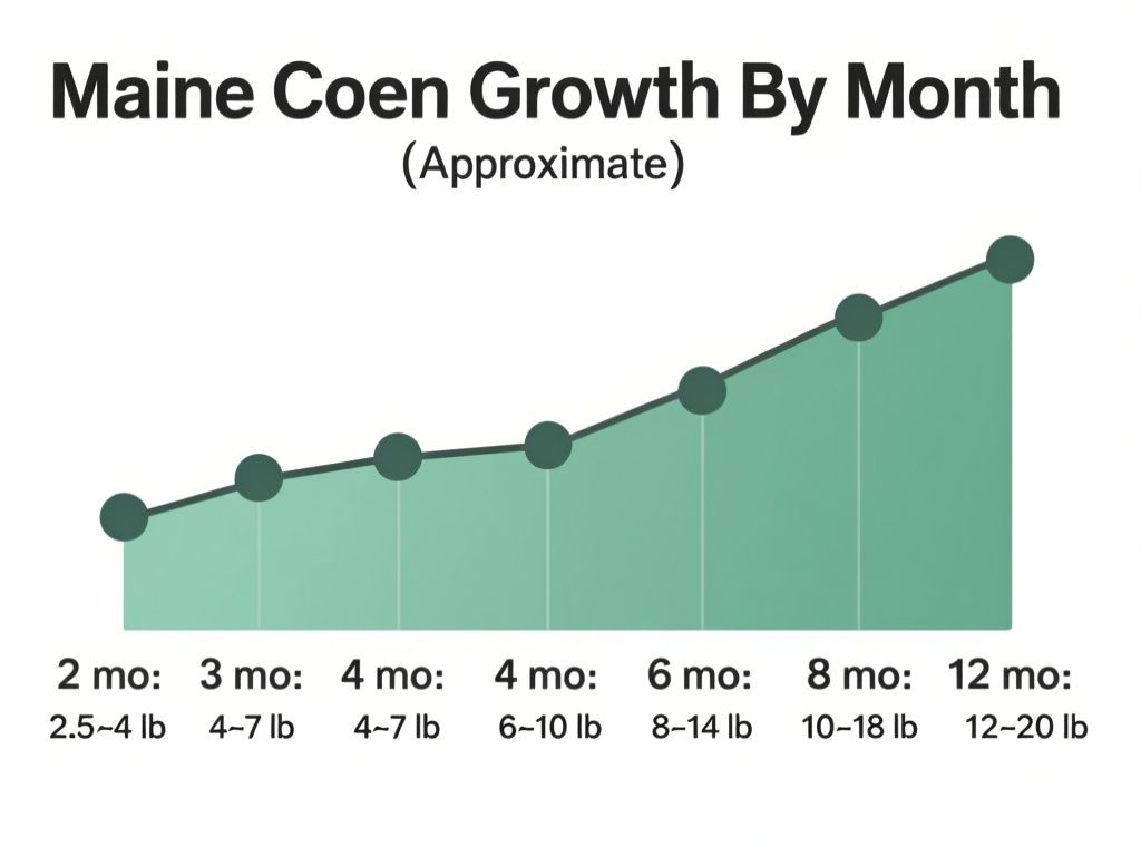 infographic titled 'Maine Coon Growth by Month (Approximate)', showing a line chart with markers labeled: '2 mo: 2.5–4 lb', '3 mo: 4–7 lb', '4 mo: 6–10 lb', '6 mo: 8–14 lb', '8 mo: 10–18 lb', '12 mo: 12–20 lb'; clean white background, sans-serif labels and numbers