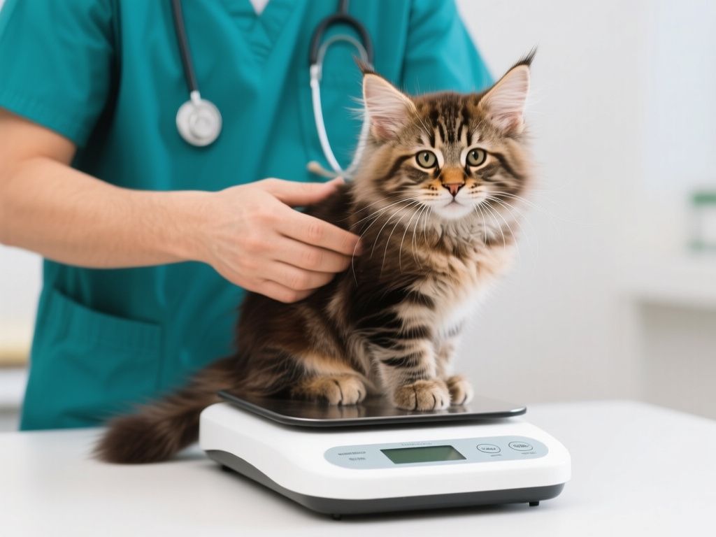 a veterinarian weighing a Maine Coon kitten on a digital pet scale