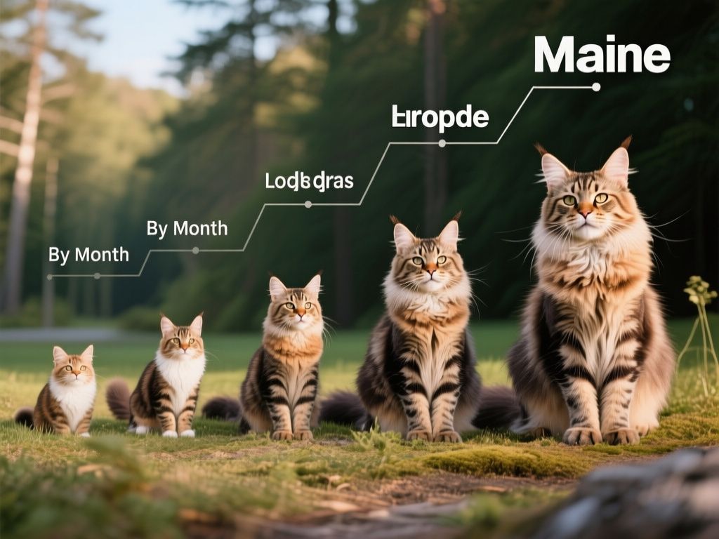 editorial hero image representing: maine coon growth stages by month, wide shot, natural lighting, high detail
