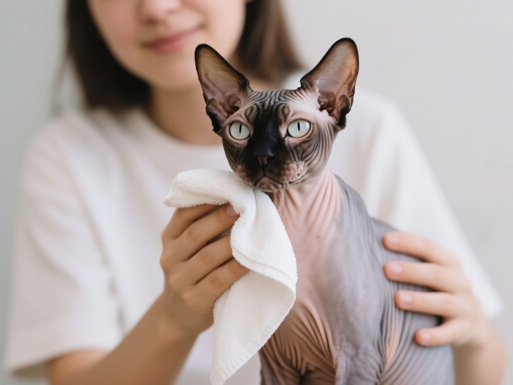 person wiping a Sphynx cat’s face and back with a damp cloth