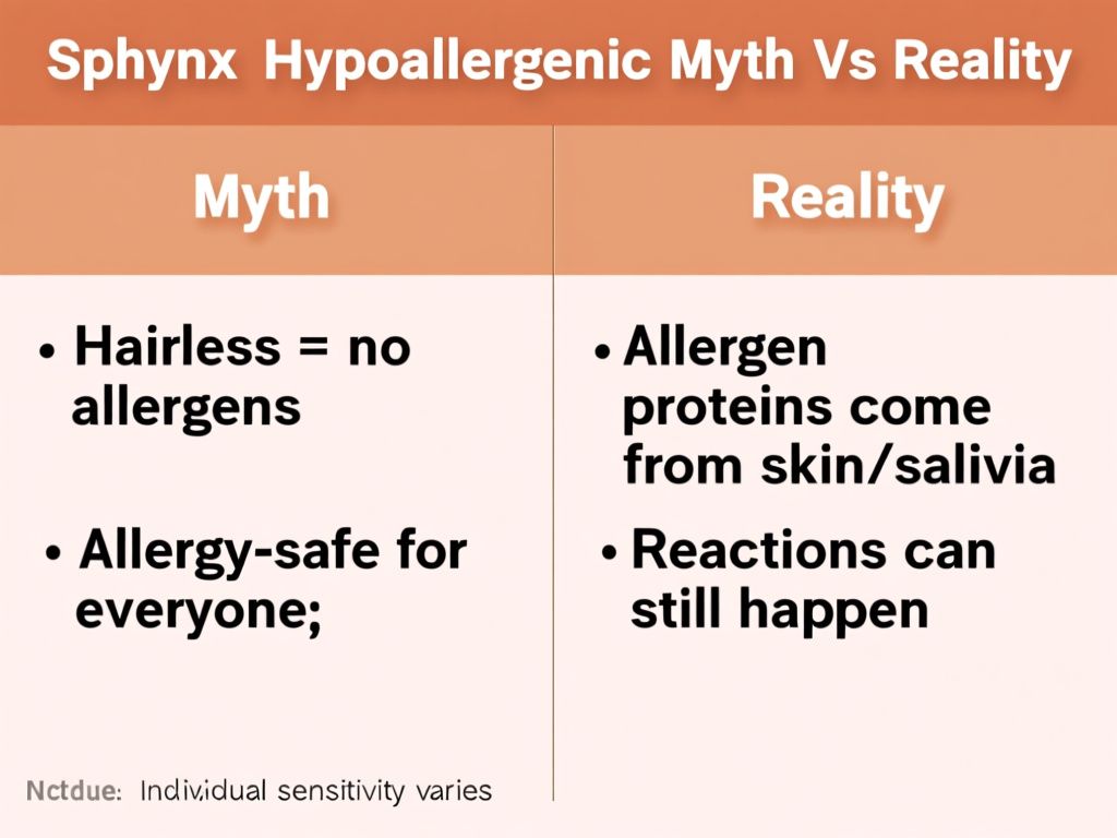 simple infographic titled "Sphynx Hypoallergenic Myth vs Reality" with two columns: Left header "Myth" with bullet text "Hairless = no allergens" and "Allergy-safe for everyone"; Right header "Reality" with bullet text "Allergen proteins come from skin/saliva" and "Reactions can still happen"; include a small bottom note "Individual sensitivity varies"