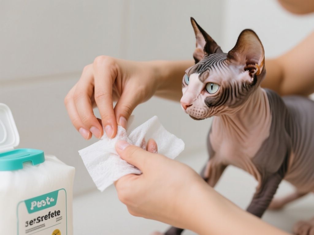 person washing pet-safe wipes off Sphynx cat skin carefully