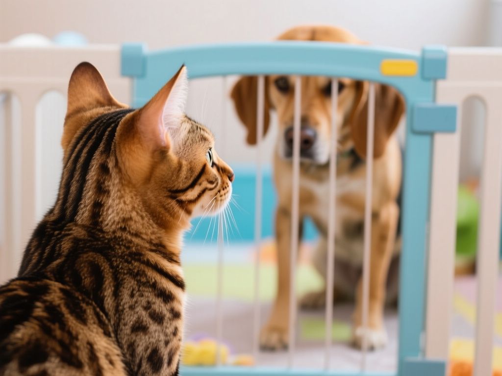 close-up photo of a Bengal cat watching a dog from behind a baby gate