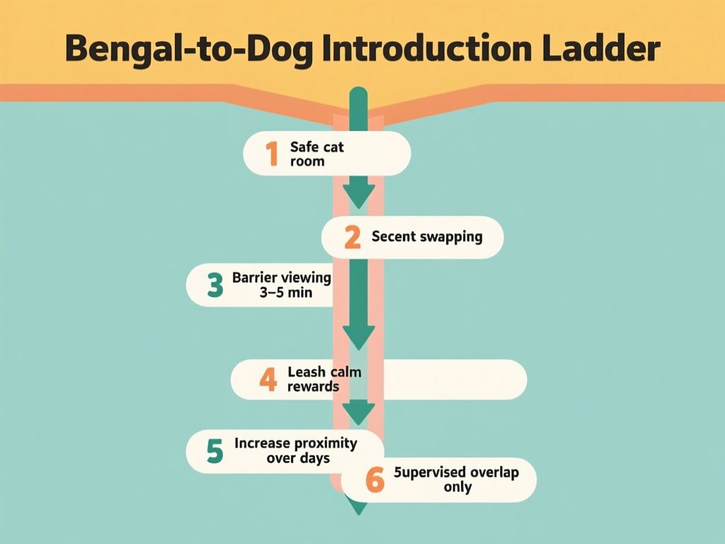 flat-style infographic titled "Bengal-to-Dog Introduction Ladder" with 6 steps, each with a label: "1 Safe cat room", "2 Scent swapping", "3 Barrier viewing 3–5 min", "4 Leash calm rewards", "5 Increase proximity over days", "6 Supervised overlap only" on a single vertical diagram with arrows down